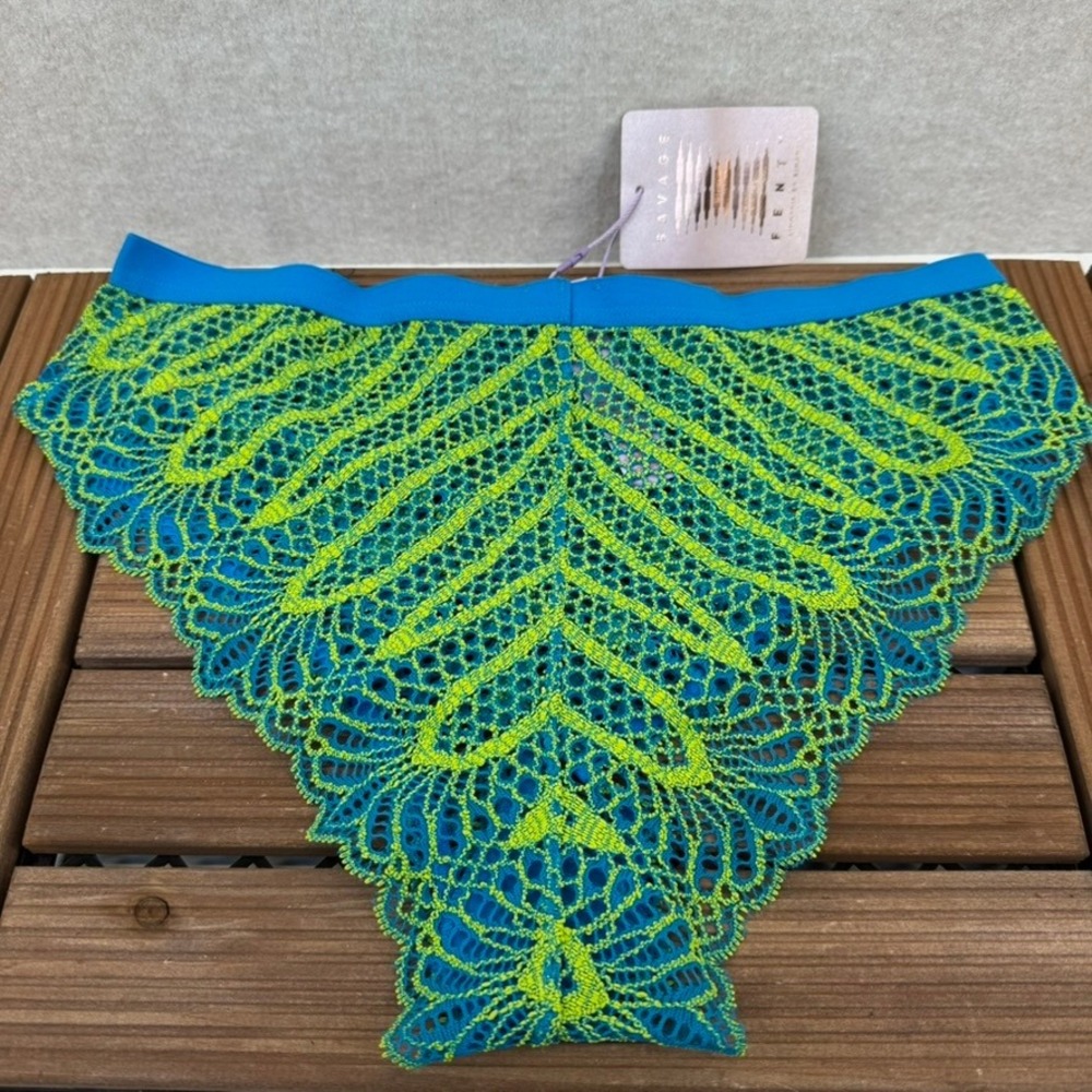 NEW Savage X Fenty Lace Bikini Panty Size Medium Teal Neon Green Mesh Low Rise
